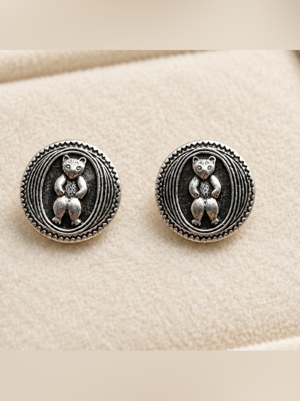 Vintage Sterling Silver Bear Motif Button Earrings